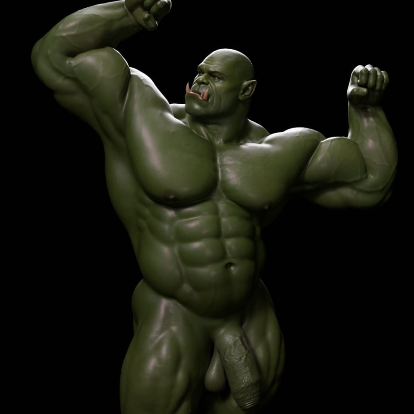 1boy bald balls bara barazoku flexing green_body green_skin male male_only muscular muscular_male orc penis solo solo_male tusks voluox