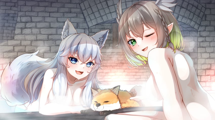 2girls alfhilde astraline bare_back bare_breasts bare_shoulders bathing blue_eyes blush brick_wall brown_hair completely_nude dameyoshi elf_ears fox green_eyes green_hair green_highlights hair_braid hair_covering_breasts head_wings indie_virtual_youtuber large_breasts looking_back_at_viewer looking_over_shoulder lumi_(merryweather) nude sauna short_hair sleeping smile smiling smiling_at_viewer spa steam steam_censor steaming_body steamy_breath stroking two_tone_hair underground valkyrie virtual_youtuber vtuber wet wet_body wet_hair wet_skin white_hair wink winking_at_viewer wolf_ears wolf_girl wolf_tail