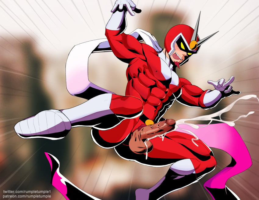 balls bara beard big_balls big_penis blush capcom clothing cum erection genital_fluids helmet male male_only male_pubic_hair muscular_male orgasm penis tight_clothing viewtiful_joe viewtiful_joe_(character)