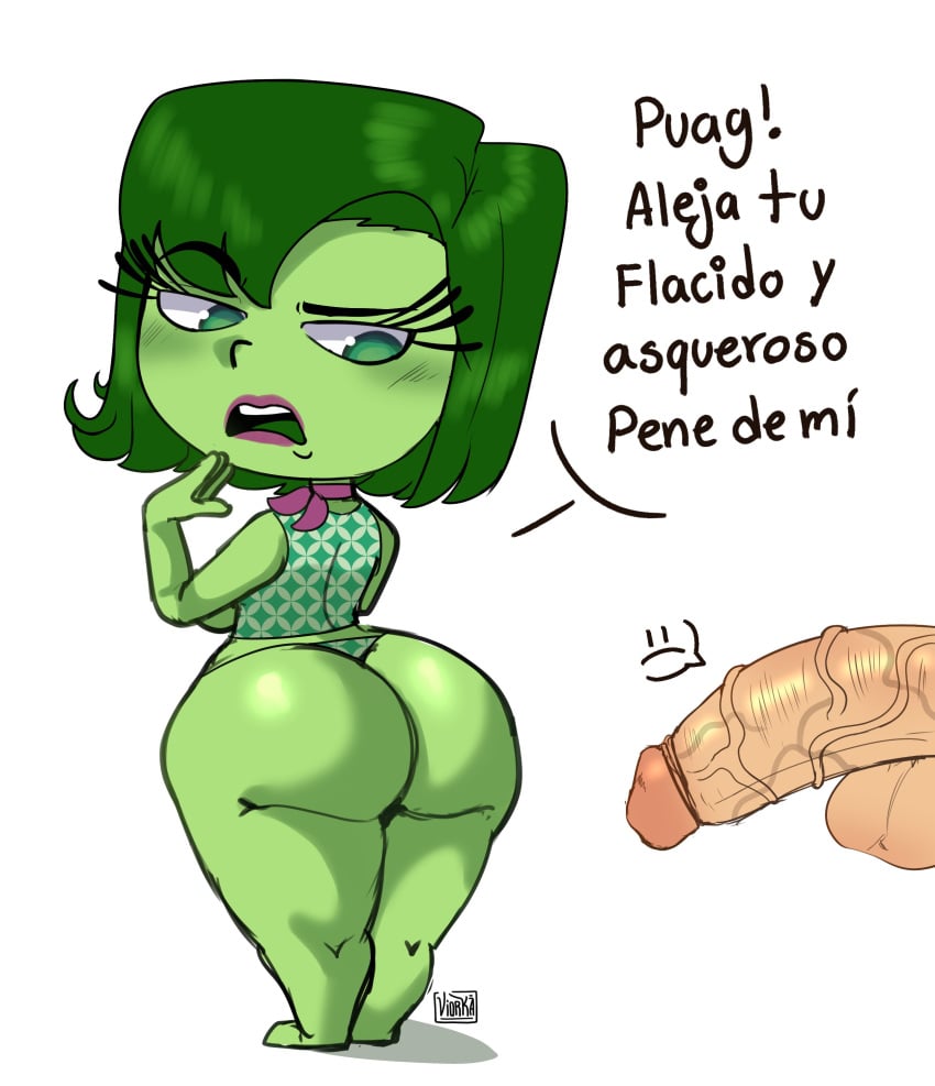 1boy 1girls anthro ass_cleavage back back_view balls bandana big_ass big_butt big_penis blush blush_lines bubble_ass bubble_butt disgust_(inside_out) disgusted disgusted_look disney english_translation eyelashes fat_ass flaccid flaccid_penis full_body green_body green_eyes green_hair green_skin half-closed_eyes hips hips_wider_than_shoulders humanoid inside_out inside_out_2 light-skinned_male light_skin looking_back matching_hair/eyes medium_hair nude_male open_mouth pear_shaped penis penis_out pose sad shirt shortstack size_difference spanish_dialogue spanish_text standing standing_position staring_at_penis teeth text thick_ass thick_legs thick_thighs thong vein veins veiny_penis viorka wide_hips wide_thighs