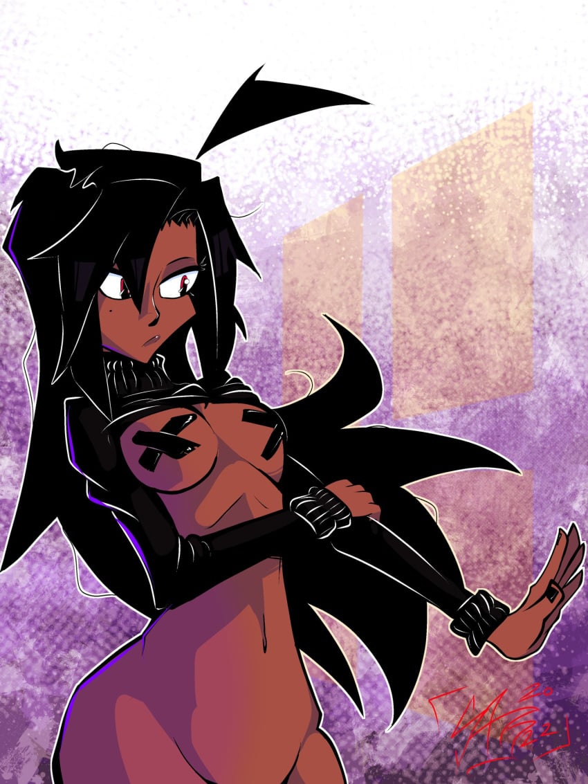 1girls black_hair blackwidow_apocalypse bottomless breasts capslockcrush curvaceous curvy curvy_body curvy_female curvy_figure dark-skinned_female dark_skin female_only first_porn_of_character functionally_nude functionally_nude_female hourglass_figure ingrid_gottoli long_hair midriff official_art official_artist pasties red_eyes sweater webcomic webtoon x_pasties