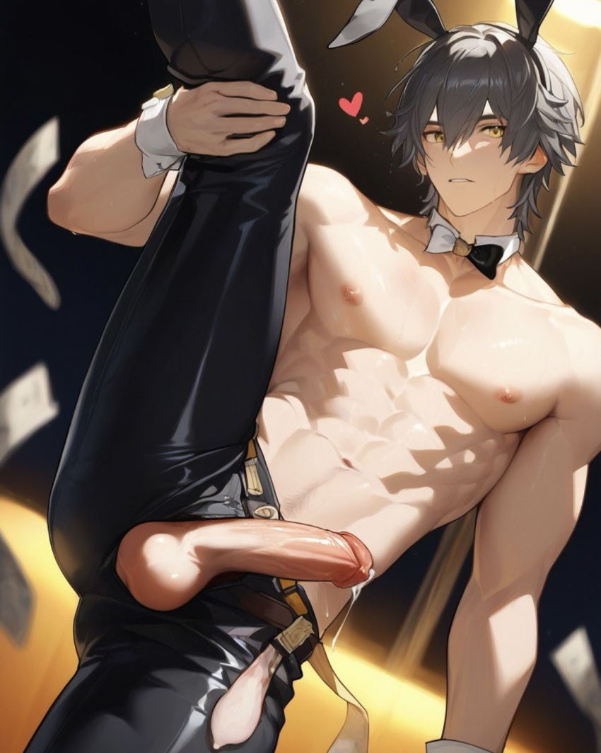 abs ai_generated caelus_(honkai:_star_rail) chest honkai:_star_rail male_only nipples open_shirt penis_out stipper_pole waiter