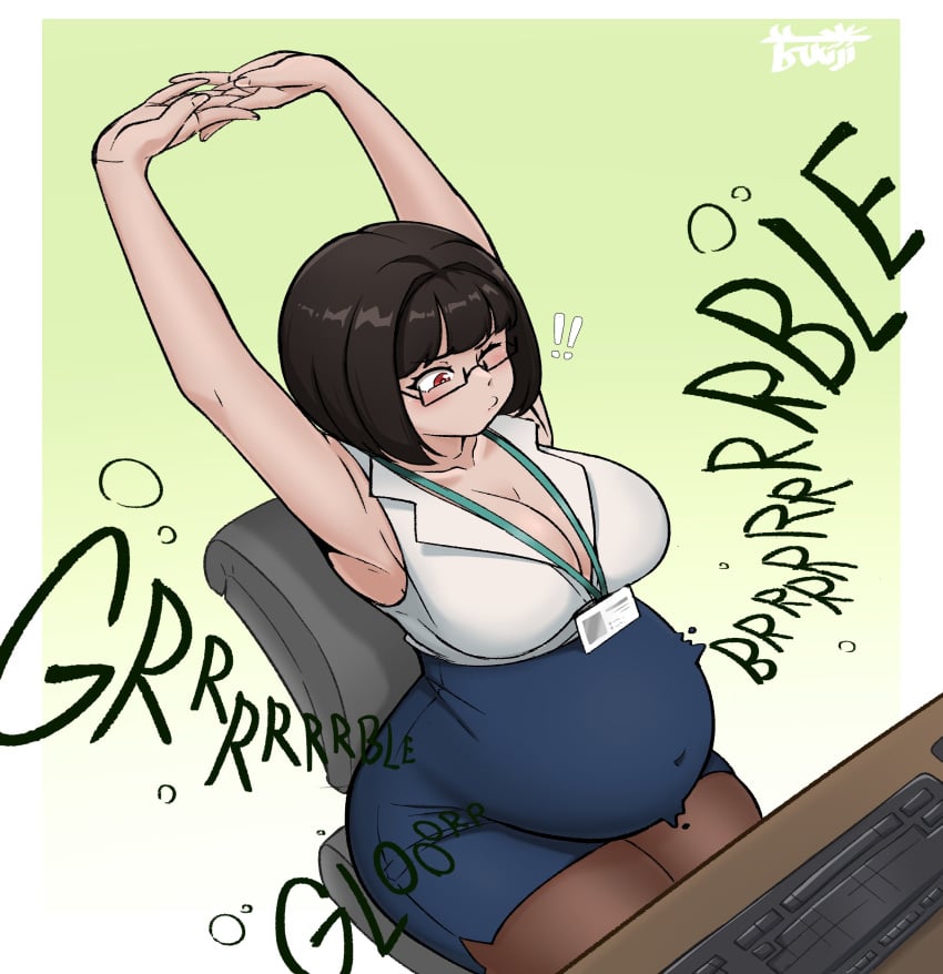 1girls big_belly big_breasts bloated_belly blush cleavage clothed clothing female female_only glasses navel oc office_lady outie_navel pregnant red_eyes rumbling_stomach short_hair stretching tsukiji