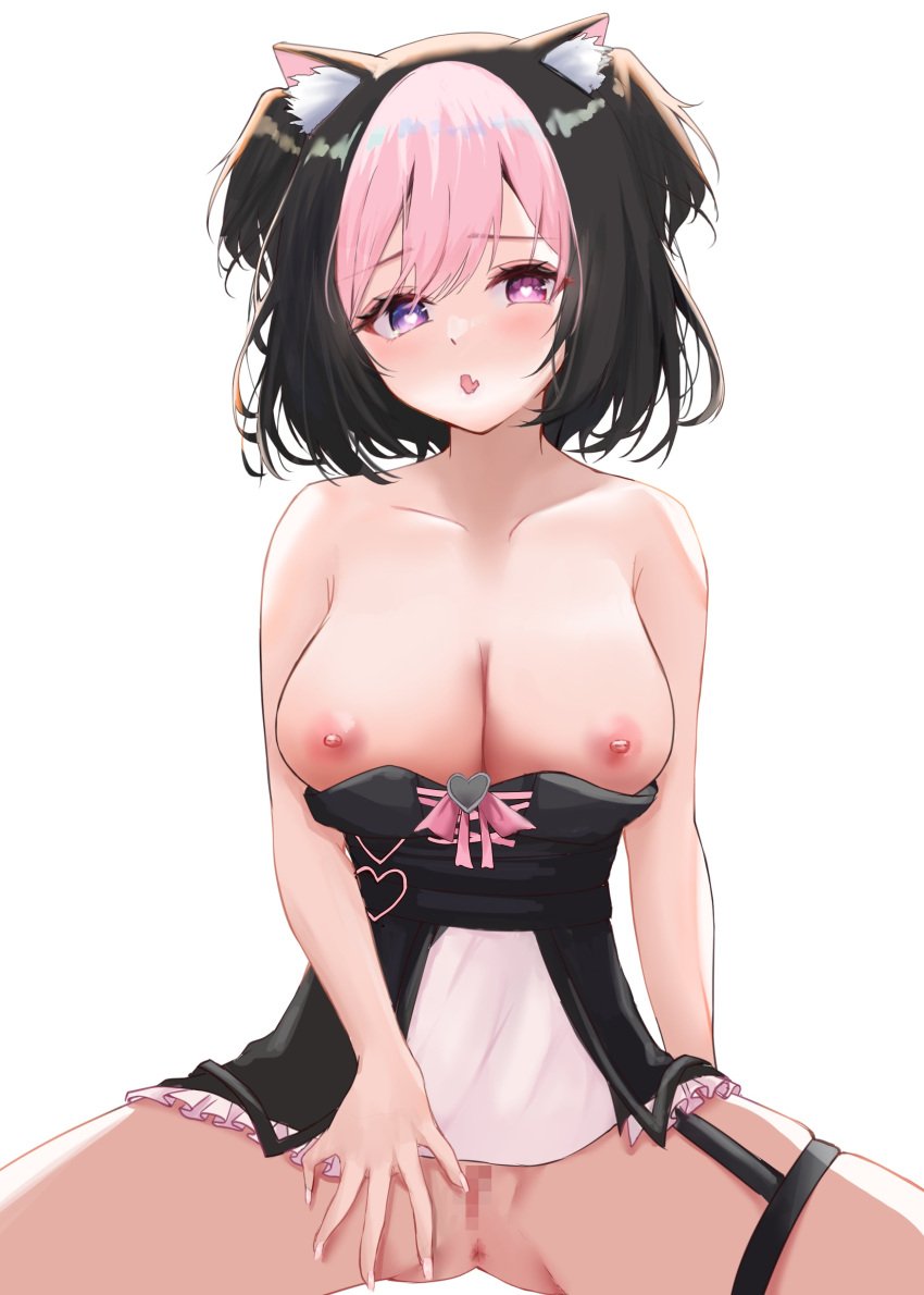 1girls art artist_request breasts breasts_out_of_clothes cat_ears cat_girl catgirl censored censored_genitalia censored_pussy darlingstrawb different_eye_color different_hair_color female female_focus female_only heart heart-shaped_pupils heart_eyes large_breasts looking_at_viewer nightgown nipples pussy revealing_breasts revealing_clothes short_hair spread_legs thick thick_ass thick_thighs thighs virtual_youtuber vtuber white_background wide_hips