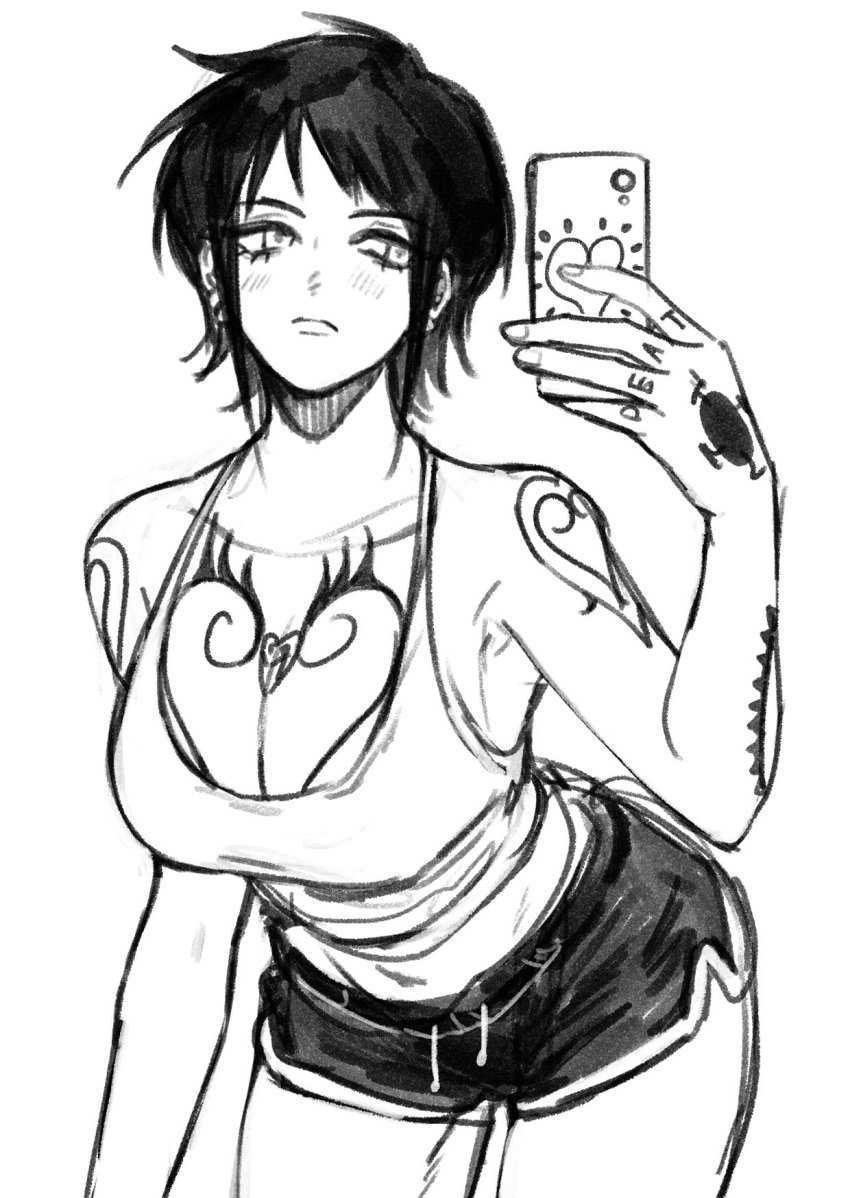 arm_tattoo big_breasts blush bra bra_cups_sticking_out canon_genderswap chest_tattoo cleavage dolphin_shorts expressionless female female_only finger_tattoo frown genderswap_(mtf) hand_tattoo monochrome one_piece phone rule_63 selfie short_hair short_shorts shorts shoulder_tattoo sketch solo tank_top tattoo tattoos tiradmisx trafalgar_law trafalgar_law_(female)