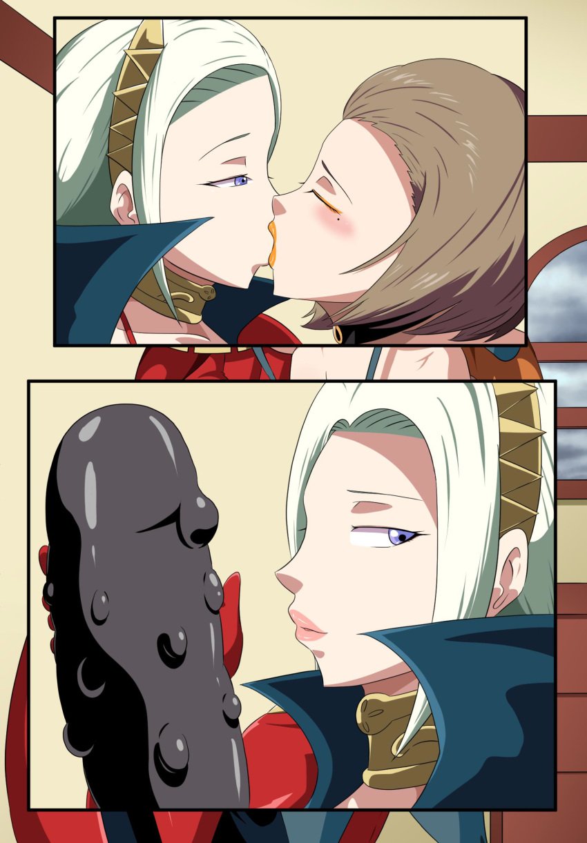 2girls alternate_hairstyle blush breast_grab breasts brown_hair closed_eyes dildo edelgard_von_hresvelg erotic_costume eyes_open fingering fire_emblem fire_emblem:_three_houses huge_breasts kissing manuela_casagranda multiple_girls nintendo nipples panels panties purple_eyes red_panties slingshot_swimsuit tonsuke underwear voluptuous white_hair yuri