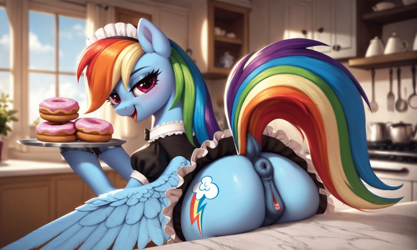 ai_generated animal_genitalia animal_pussy anus ass cutie_mark dock doughnut equid equine equine_genitalia equine_pussy female female_only feral feral_only food friendship_is_magic hasbro my_little_pony pony_diffusion_xl pussy rainbow_dash_(mlp) tail