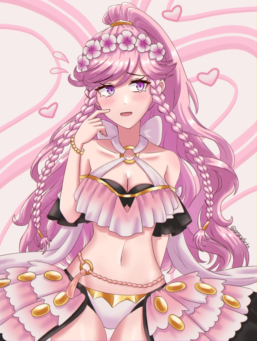 1girls absurdres alternate_costume angryforks arm_behind_back bare_shoulders bikini blush braid breasts cleavage facing_viewer female female female_only fire_emblem fire_emblem_awakening fire_emblem_heroes flying_sweatdrops heart highres long_hair looking_to_the_side medium_breasts navel nintendo o-ring official_alternate_costume olivia_(fire_emblem) olivia_(summer)_(fire_emblem) open_mouth pink_bikini pink_eyes pink_hair ponytail solo swimsuit twin_braids twitter_username white_bikini white_swimsuit