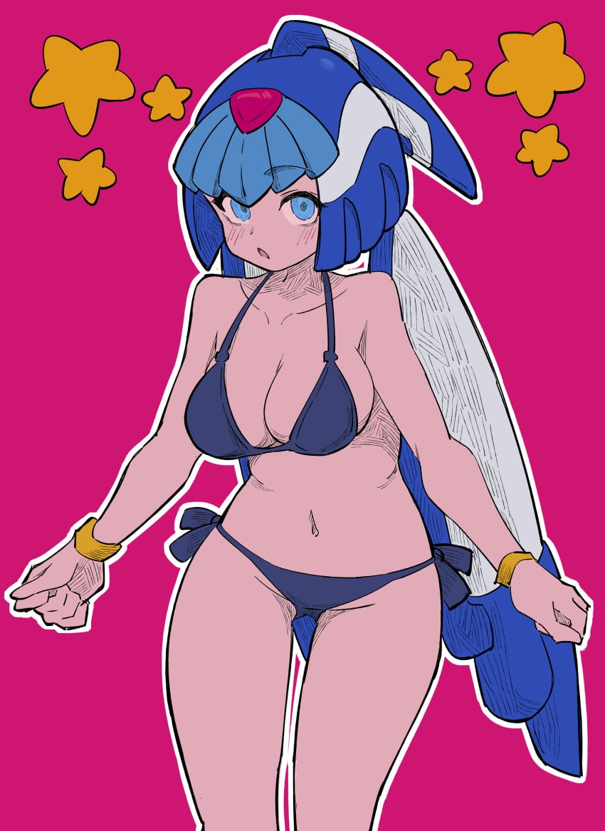 1girls blue_eyes blue_underwear blush bracelet buzzlyears fairy_leviathan female helmet mega_man mega_man_zero robot robot_girl robot_humanoid solo solo_female star underwear