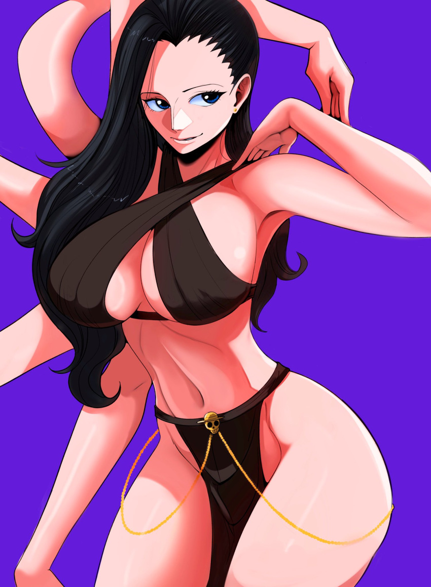 1girls akuma_no_mi bare_arms bare_legs bare_shoulders bare_thighs big_breasts black_hair blue_eyes clothed clothing color coolb dress female female_focus female_only hana_hana_no_mi hi_res large_breasts light-skinned_female light_skin long_hair looking_at_viewer nico_robin one_piece post-timeskip shounen_jump solo solo_female tagme thick_thighs