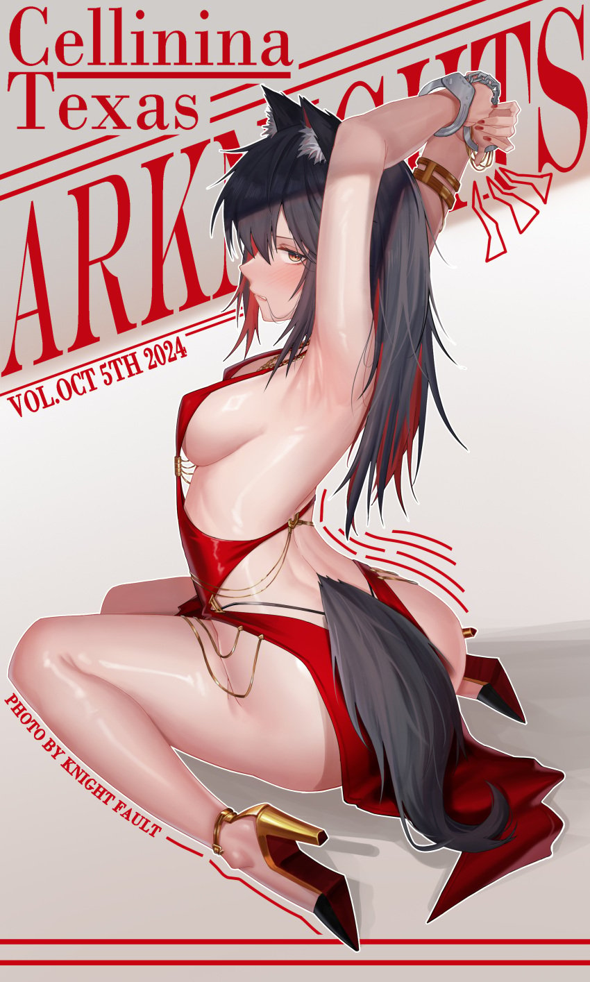 1girls 2024 animal_ear_fluff animal_ears arknights armpits arms_behind_back arms_up artist_name artist_signature bare_back black_hair blush bondage bound cuffs female female_only femsub fully_clothed hi_res high_heels kemonomimi knightfault light-skinned_female light_skin long_hair looking_at_viewer looking_back medium_breasts no_bra no_panties simple_background solo tail texas_(arknights) tied tied_hands tied_up wolf_ears wolf_girl wolf_tail yellow_eyes