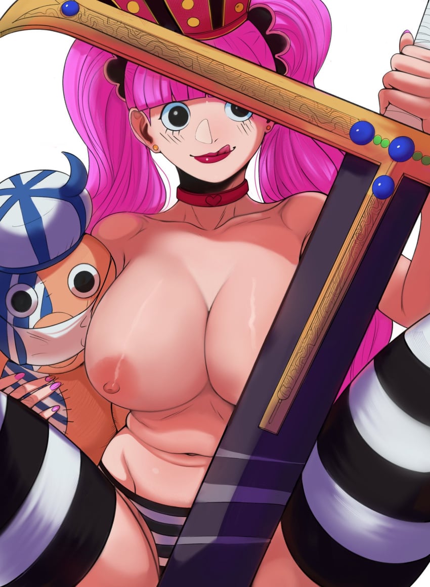 1girls bare_arms bare_breasts bare_shoulders bare_thighs black_eyes clothed clothing collar color coolb female female_focus female_only hi_res licking licking_lips light-skinned_female light_skin looking_at_viewer nipples one_piece panties perona pink_hair shounen_jump solo solo_female stockings striped_legwear striped_panties striped_thighhighs sword tagme thick_thighs twintails underwear