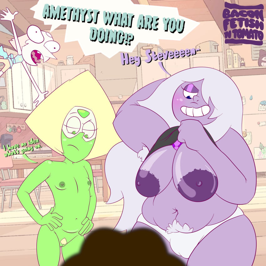 1boy 3girls absurd_res amethyst_(steven_universe) areolae armpit_hair baconfetish'ntomato belly blush breasts cameltoe cartoon_network chubby chubby_female dialogue english_text female female_pubic_hair flashing_breasts flat_chest forehead_mark gem_(species) green_body hands_on_hips happy_trail huge_breasts indoors large_areolae multiple_girls naked nude overweight_female panties pearl_(steven_universe) peridot_(steven_universe) petite pubic_hair purple_body sagging_breasts shirt_lift smile speech_bubble steven_quartz_universe steven_universe thick_thighs white_hair wide_hips yellow_hair