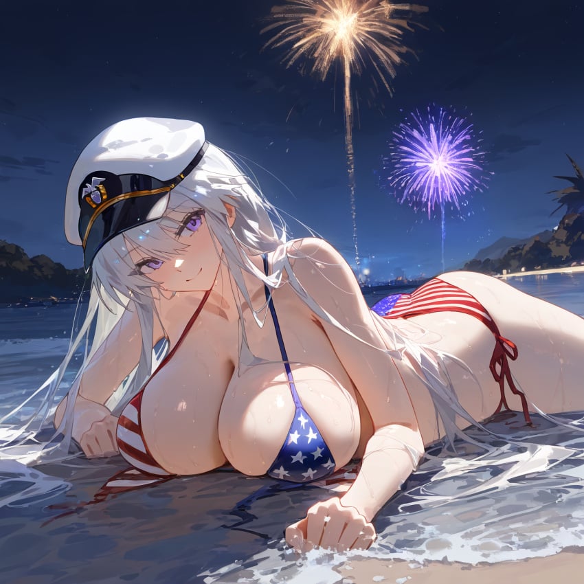 ai_generated american_flag_bikini azur_lane beach enterprise_(azur_lane) fireworks highres huge_breasts night sand violet_eyes water