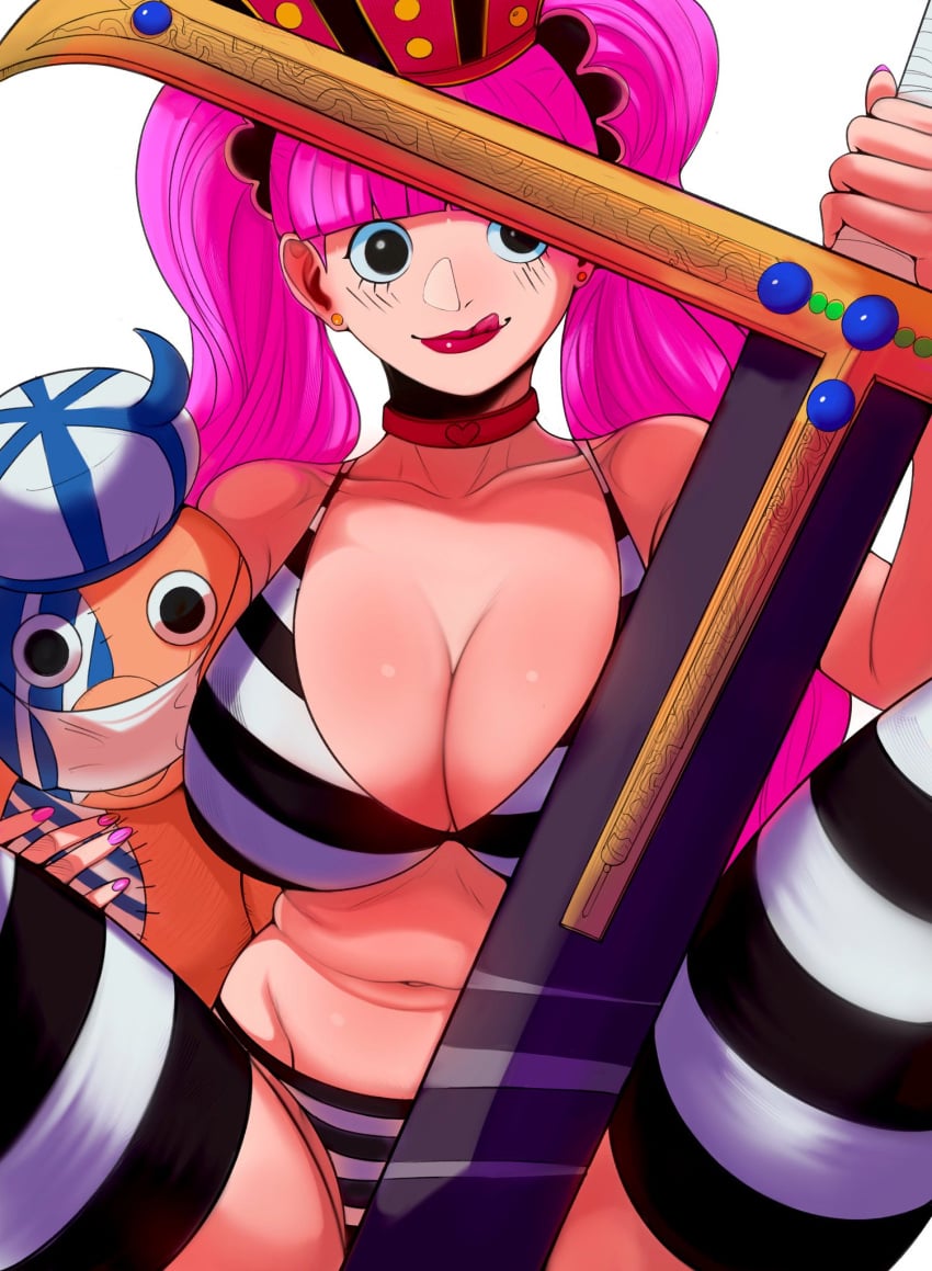 1girls bare_arms bare_shoulders bare_thighs black_eyes bra clothed clothing collar color coolb female female_focus female_only hi_res licking licking_lips light-skinned_female light_skin looking_at_viewer one_piece panties perona pink_hair shounen_jump solo solo_female stockings striped_legwear striped_panties striped_thighhighs sword tagme thick_thighs twintails underwear