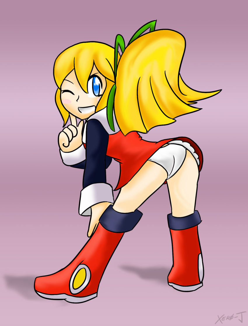 mega_man mega_man(classic) panties roll roll_pose solo upskirt white_panties winking xero-j