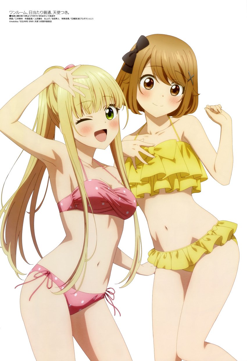 2girls :d absurdres arm_up bare_arms bikini black_bow blonde_hair blush bow breasts brown_eyes brown_hair closed_mouth green_eyes hair_ornament hair_scrunchie hairbow highres izumi_noeru long_hair looking_at_viewer magazine_scan megami_magazine multiple_girls navel official_art one_eye_closed one_room_hiatari_futsuu_tenshi-tsuki open_mouth pink_background polka_dot polka_dot_bikini ponytail scan scrunchie short_hair simple_background small_breasts smile standing swimsuit white_background yellow_bikini