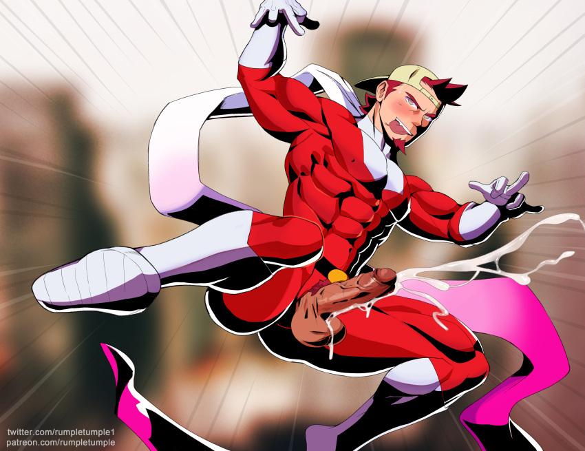 balls bara beard big_balls big_penis blush capcom clothing cum erection genital_fluids male male_only male_pubic_hair muscular_male orgasm penis tight_clothing viewtiful_joe viewtiful_joe_(character)