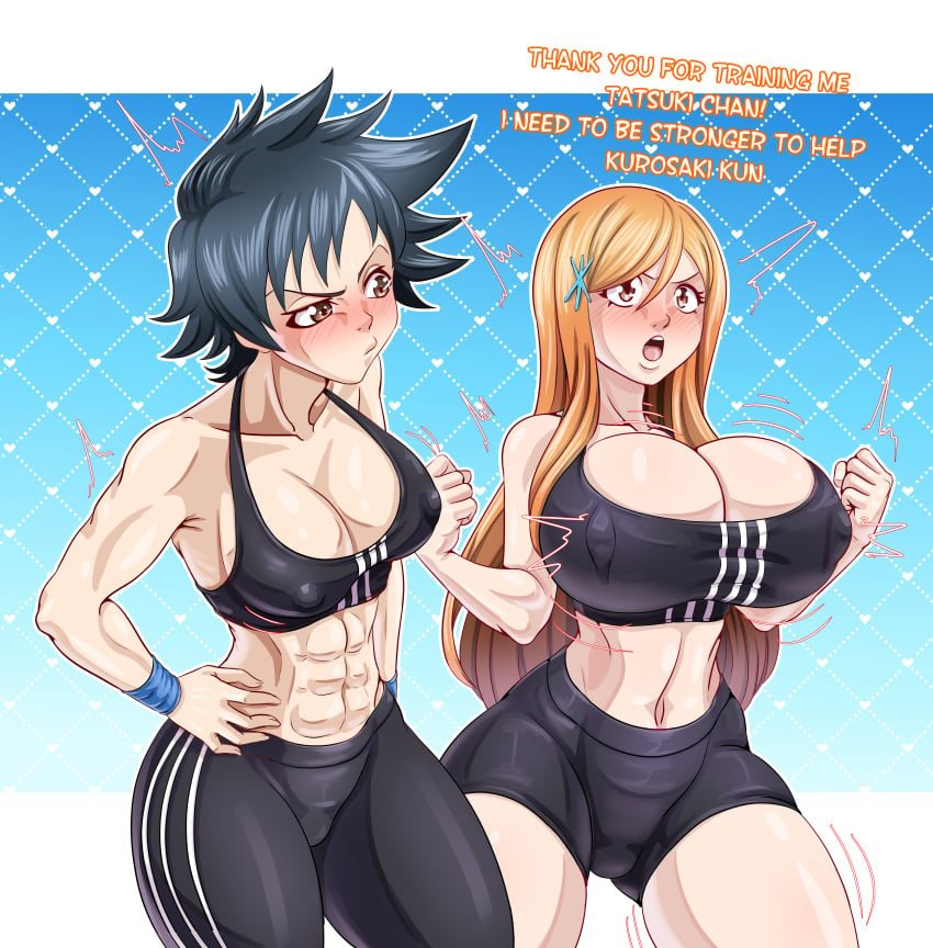 2girls absurd_res after_exercise arisawa_tatsuki big_breasts black_hair black_shorts bleach bloomers blush breast_envy breast_focus breast_size_difference breasts cleavage female female_only fully_clothed gym_shorts huge_breasts inoue_orihime jealous karuro-kun large_breasts light-skinned_female light_skin long_hair looking_at_breasts looking_at_partner medium_support_(meme) meme meme_attire midriff multiple_girls muscular muscular_female nipples orange_hair puffy_nipples short_hair small_breasts sports_bra staring staring_at_breasts sweat sweatdrop sweating tatsuki_arisawa toned workout_clothes