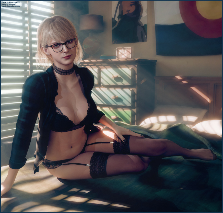 1girls 3d ashley_graham bed bedroom big_breasts blonde_hair blue_eyes breasts busty capcom choker cleavage earrings female female_focus female_only garter_belt garter_straps glasses hourglass_figure legs legwear light-skinned_female light_skin lingerie makeup mrcourage616 navel navel_piercing open_shirt panties piercing pinup pinup_pose resident_evil shirt short_hair solo stockings tagme thighhighs thighs wide_hips