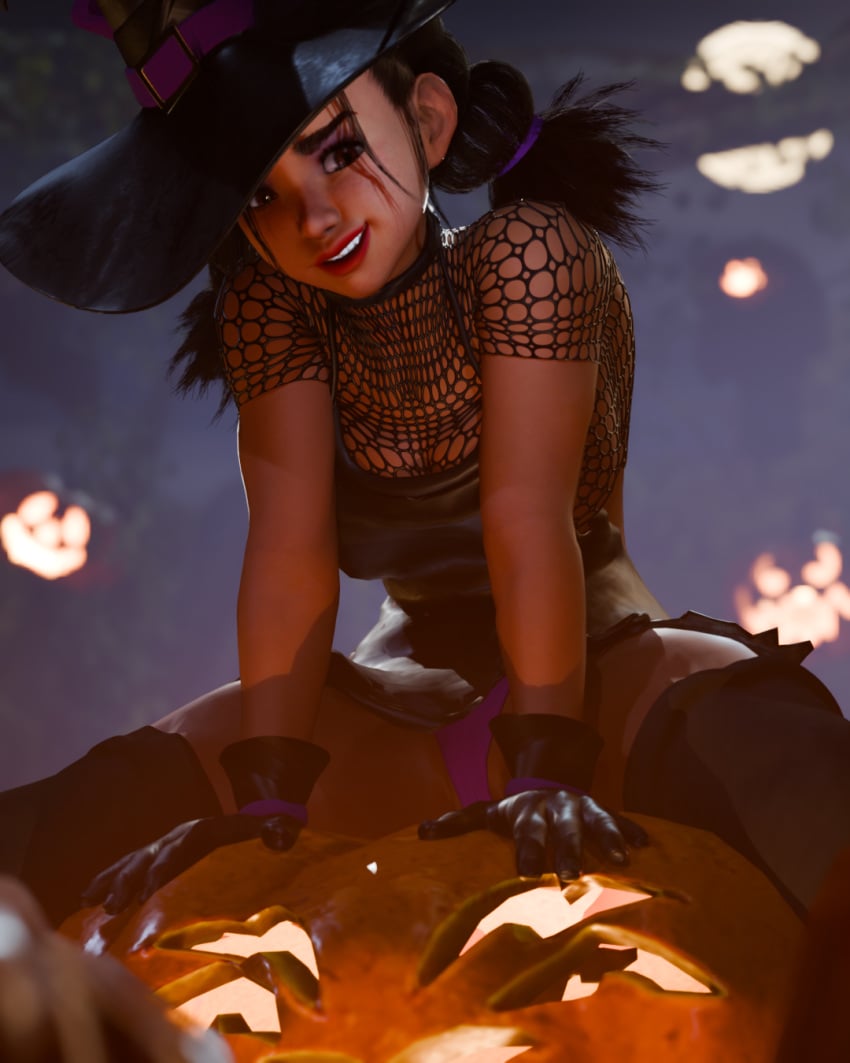 cosplay fishnets gloves halloween hat lily_hawk makeup panties pumpkin revealing_clothes rougenine street_fighter street_fighter_6 thighhighs thighs witch witch_costume witch_hat