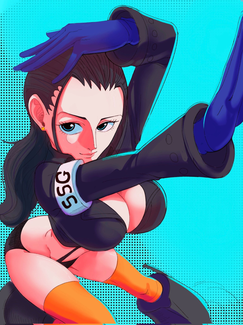 1girls bare_legs bare_thighs big_breasts black_hair blue_eyes clothed clothing color coolb female female_focus female_only gloves hi_res large_breasts light-skinned_female light_skin long_hair looking_at_viewer nico_robin nico_robin_(egghead) one_piece one_piece:_egghead_arc post-timeskip shounen_jump solo solo_female tagme thick_thighs