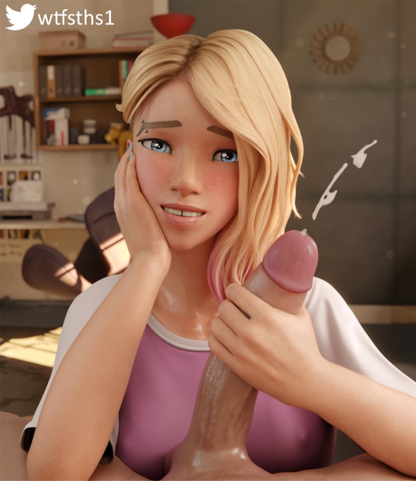 1boy 1girls 3d asymmetrical_hair big_balls big_penis blender blender_cycles blonde_female blonde_hair blue_eyes breasts cum cumshot eye_contact female gap_teeth gwen_stacy gwen_stacy_(spider-verse) hand_on_cheek handjob huge_balls huge_cock human human_male light-skinned_female light-skinned_male light_skin looking_at_partner looking_at_viewer male marvel marvel_comics multicolored_hair oversized_clothes oversized_shirt penis petite piercing piercings pov pov_eye_contact skinny skinny_female smile smiling smiling_at_viewer spider-gwen spider-man:_across_the_spider-verse spider-man:_into_the_spider-verse spider-man_(series) superhero superheroine teenage_boy teenage_girl teenager teeth_gap wet_body wet_boobs wtfsths