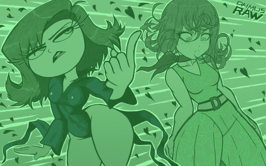 2girls ass crossover daimusraw disgust disgust_(inside_out) eastern_and_western_character female female_only inside_out monochrome multiple_girls one-punch_man tatsumaki