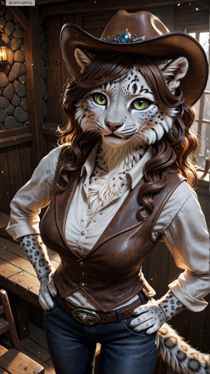 ai_generated animal_ears anthro artist_name belt body_fur breasts brown_hair brown_vest collared_shirt denim female female_anthro furry furry_female green_eyes hands_on_hips hat hi_res high_resolution highres indoors jeans leopard_ears long_hair looking_at_viewer pants photorealistic realistic shirt smile snout solo stable_diffusion tail twitter twitter_username vest watermark white_shirt yiffyjiffy2 yiffyjiffy69