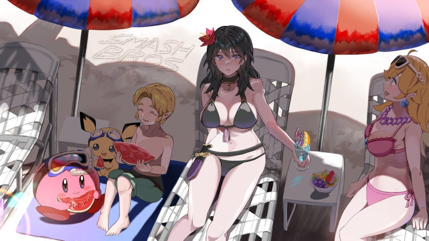 1boy 1other 2girls absurdres alternate_costume ao_hito beach bikini black_bikini black_swimsuit blonde_hair blue_eyes blush breasts byleth_(female)_(fire_emblem) byleth_(female)_(summer)_(fire_emblem) byleth_(fire_emblem) cleavage crossover female fire_emblem fire_emblem:_three_houses fire_emblem_heroes food fruit grapes highres kirby kirby_(series) large_breasts link male mario_(series) multiple_girls nintendo official_alternate_costume outdoors pichu pink_bikini pink_swimsuit pokemon pokemon_(species) princess_peach sideboob sunglasses super_mario_odyssey super_smash_bros. swim_goggles swimsuit the_legend_of_zelda the_legend_of_zelda:_ocarina_of_time watermelon watermelon_slice young_link