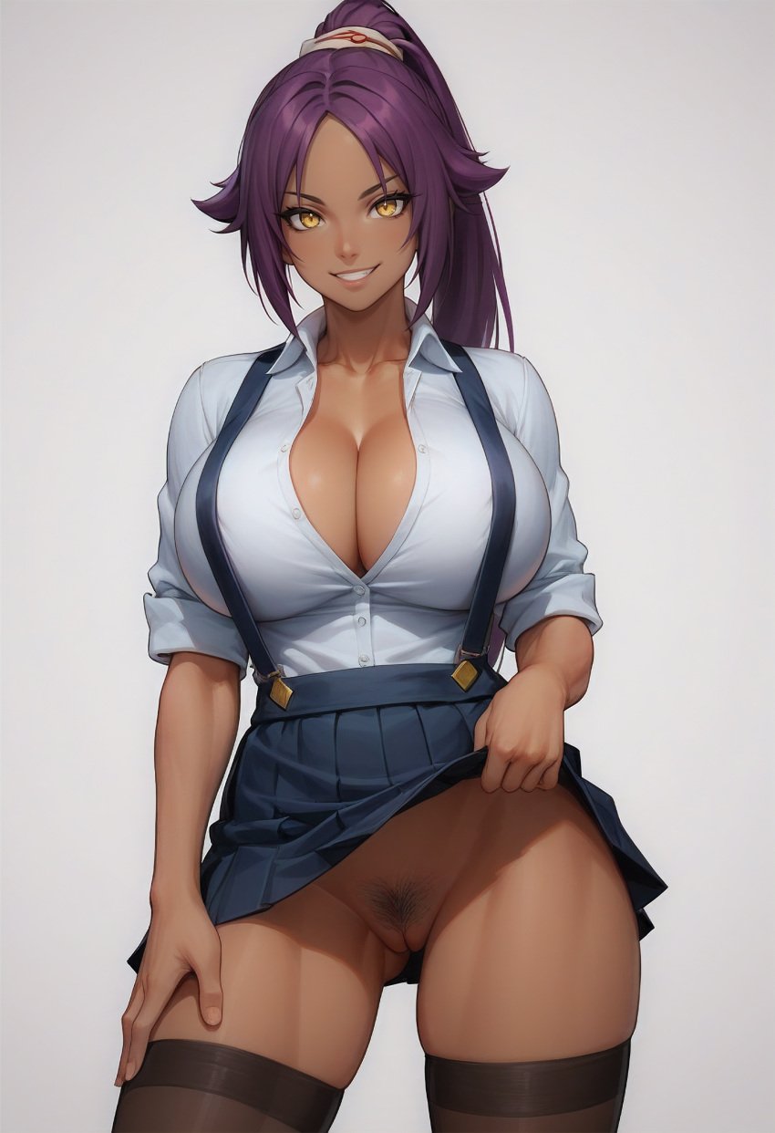 ai_generated bangs black_clothes black_legwear black_thighhighs bleach blue_skirt blush breasts brown_thighhighs cleavage clothes_lift clothes_pull clothing collared_shirt curvaceous dark-skinned_female dark_skin dress_shirt female female_only female_pubic_hair grin huge_breasts large_breasts legwear lifted_by_self lips long_hair looking_at_viewer miniskirt no_bra nopan parted_bangs parted_lips pleated_skirt ponytail pubic_hair purple_hair school_uniform shihouin_yoruichi shirt shirt_tucked_in skindentation skirt skirt_lift skirt_pull sleeves_rolled_up smile solo standing suspender_skirt suspenders teeth thick_thighs thighhighs thighs tied_hair uniform vagina white_shirt yellow_eyes