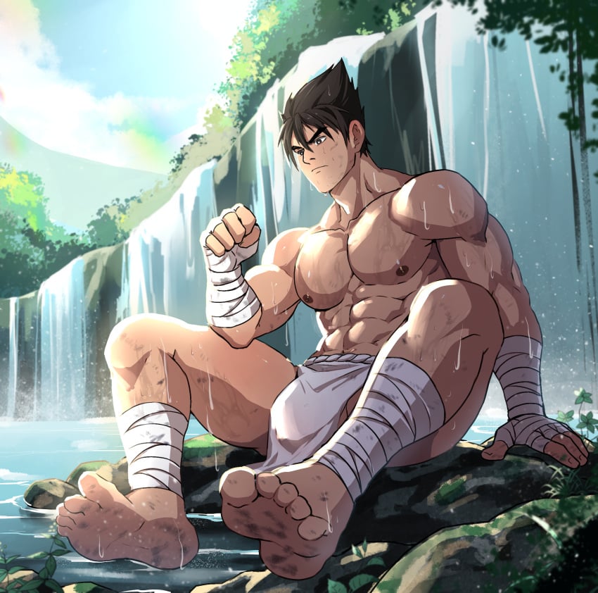 abs bara biceps bulge fundoshi jackray85674939 japanese_clothing jin_kazama kazama_jin male male_nipples male_only muscular_male namco nipples pecs tekken wet