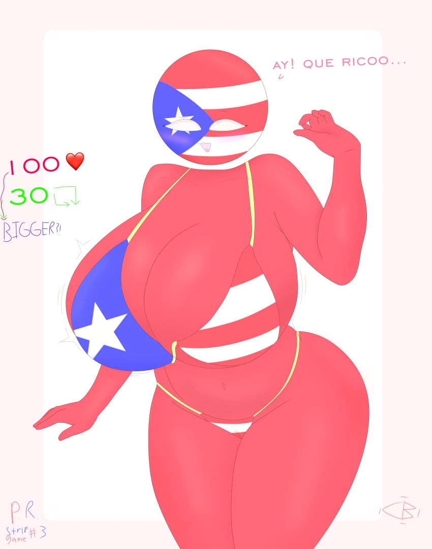 bikini bikini_bottom bikini_top blush breast_expansion breast_inflation breasts breasts_bigger_than_head c10ckw07k confusion countryhumans countryhumans_girl puerto_rico_(countryhumans) strip_game