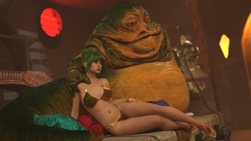 1girls 3d alexbridger anklet belly_button bikini femsub green_eyes green_hair harem_girl harem_outfit jabba's_palace jabba_the_hutt minna_star_wars slave slave_collar slave_outfit slavegirl star_wars submissive_female