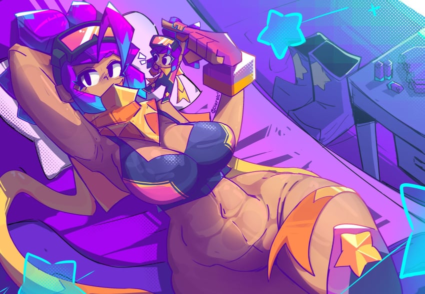 armpit artist_name artist_signature bed blush boots bra bracelet brawl_stars breasts convenient_censoring dierelc eyewear_on_head minigirl naked_female purple_hair shelly_(brawl_stars) shotgun_shell size_difference squad_busters squad_busters_shelly stylized supercell tagme visor_(eyewear) watermark wide_hips