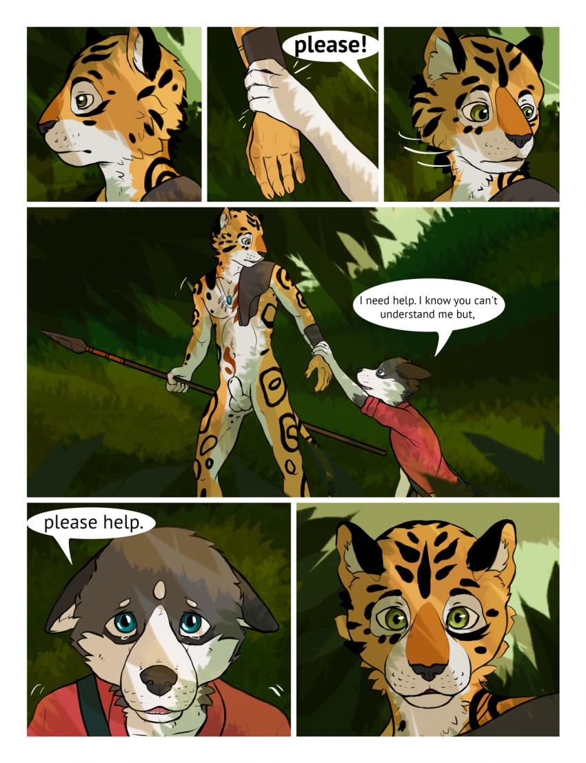animal_genitalia canine comic crying duo edesk feline husky jaguar male male_only mammal melee_weapon nude original_characters polearm sheath sisco_(artist) spear tears weapon