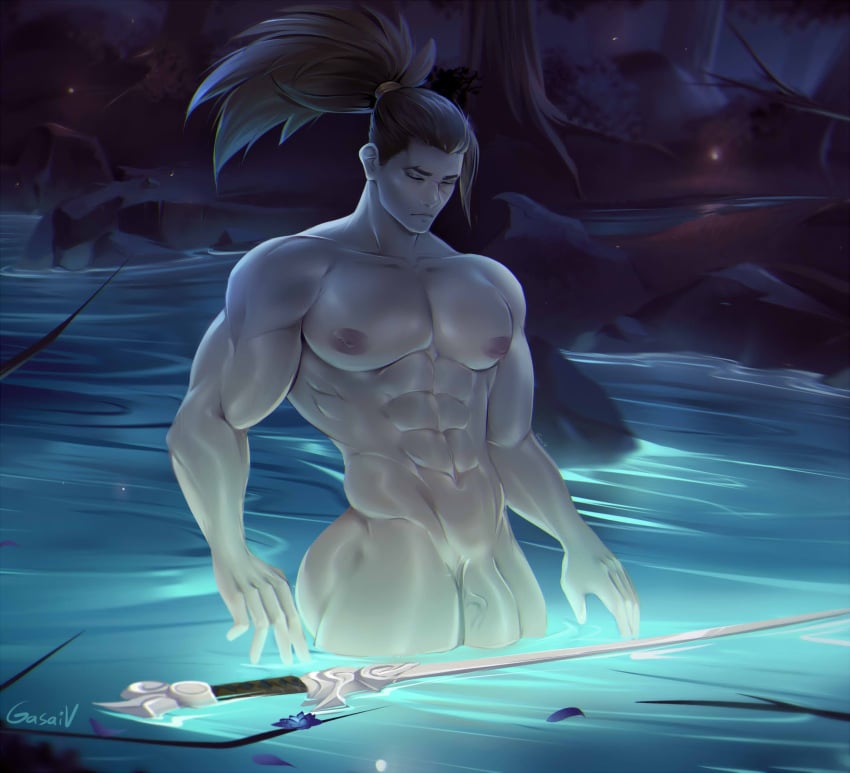 abs ass completely_nude league_of_legends male male_focus male_only muscles muscular muscular_male nipples nude_male pecs penis penis_peek solo solo_focus solo_male sword thick_thighs veiny_penis yasuo