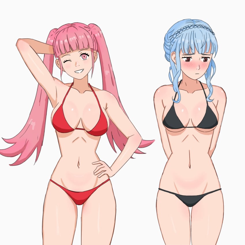 2girls alternate_costume arm_behind_head armpits arms_behind_back bangs bikini black_bikini black_swimsuit blue_hair blush braid brown_eyes embarrassed female female_only fire_emblem fire_emblem:_three_houses grin hilda_valentine_goneril light_blue_hair looking_at_viewer marianne_von_edmund multiple_girls nintendo one_eye_closed overused23 pink_eyes pink_hair pose red_bikini red_swimsuit sidelocks smile swimsuit twintails white_background wink