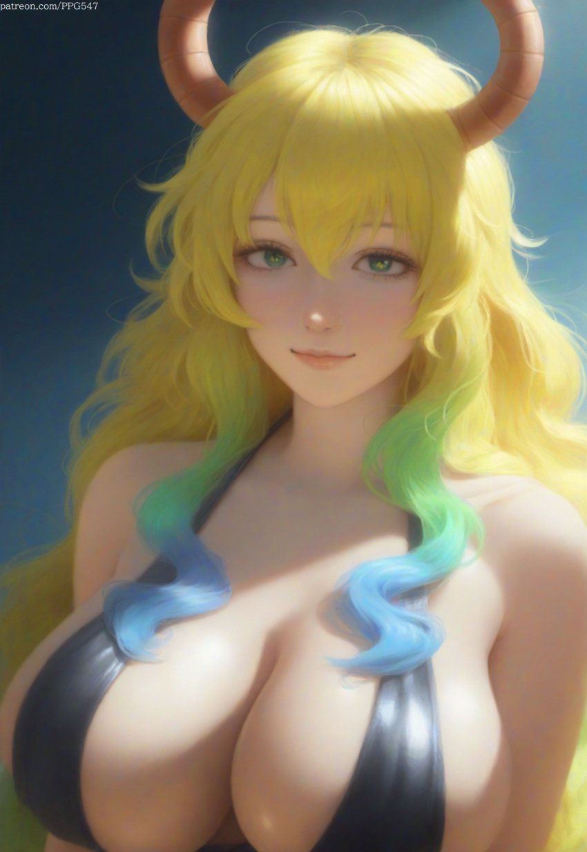 1girls ai_generated bangs bare_shoulders blonde_hair breasts clothed clothing female female_only green_eyes horns huge_breasts kobayashi-san_chi_no_maidragon looking_at_viewer lucoa lucoa_(maidragon) milf mommy nai_diffusion overflowing_breasts pujopg quetzalcoatl_(dragon_maid) rainbow_hair revealing_clothes sidelocks skimpy skimpy_clothes smile solo solo_female swimsuit very_long_hair