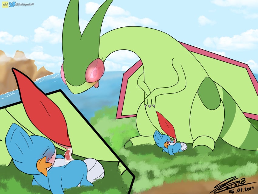 absurd_res balthysstuff blush flygon generation_3_pokemon hi_res lying male male/male mudkip nintendo on_back outside_sex penetration pokemon pokemon_(species) sex size_difference slit_penetration slit_play