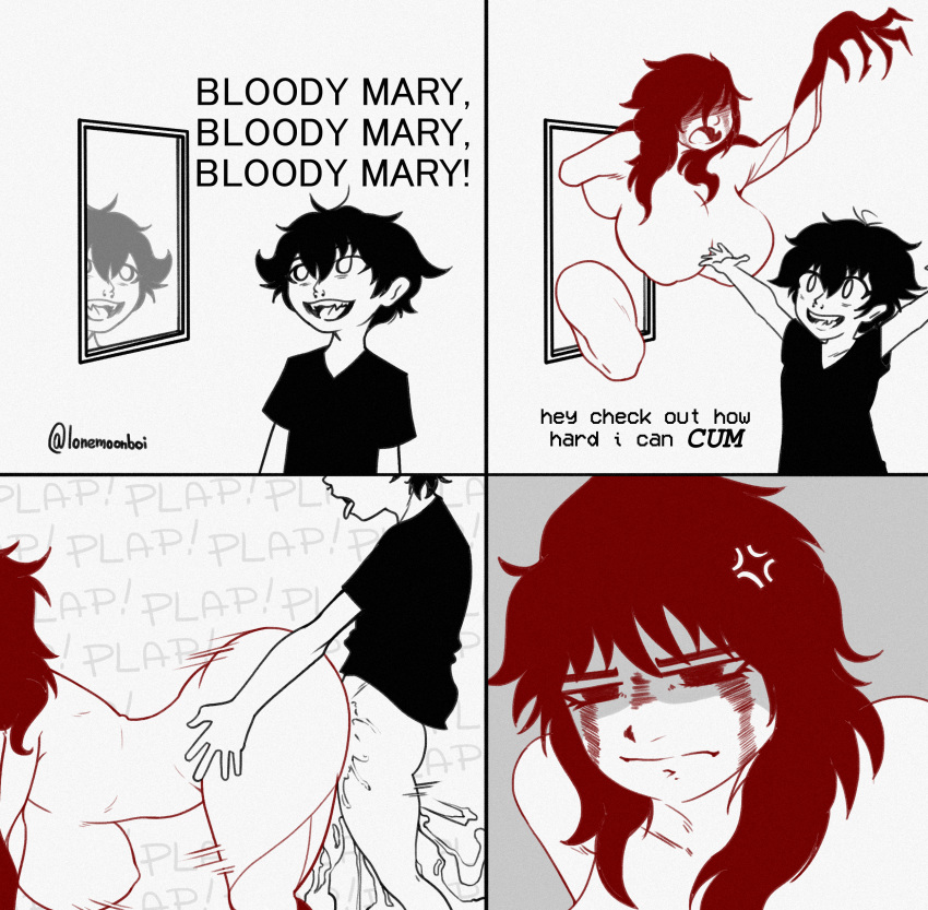 1boy 1girls angry_face black_hair bloody_mary cum_inside female feminine_male male meme monster monster_girl moon_boi nose_piercing partially_clothed red_hair tongue_out