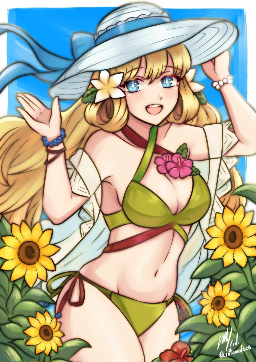 1girls :d bare_shoulders bikini blonde_hair blue_eyes breasts cleavage commission female female female_only fire_emblem fire_emblem_heroes flower green_bikini green_swimsuit hair_between_eyes hair_flower hair_ornament hat highres long_hair looking_at_viewer navel nintendo official_alternate_costume open_mouth rotomdocs side-tie_bikini_bottom smile solo star-shaped_pupils star_(symbol) sun_hat sunflower swimsuit symbol-shaped_pupils teeth twitter_username upper_teeth_only ymir_(fire_emblem_heroes) ymir_(summer)_(fire_emblem_heroes)