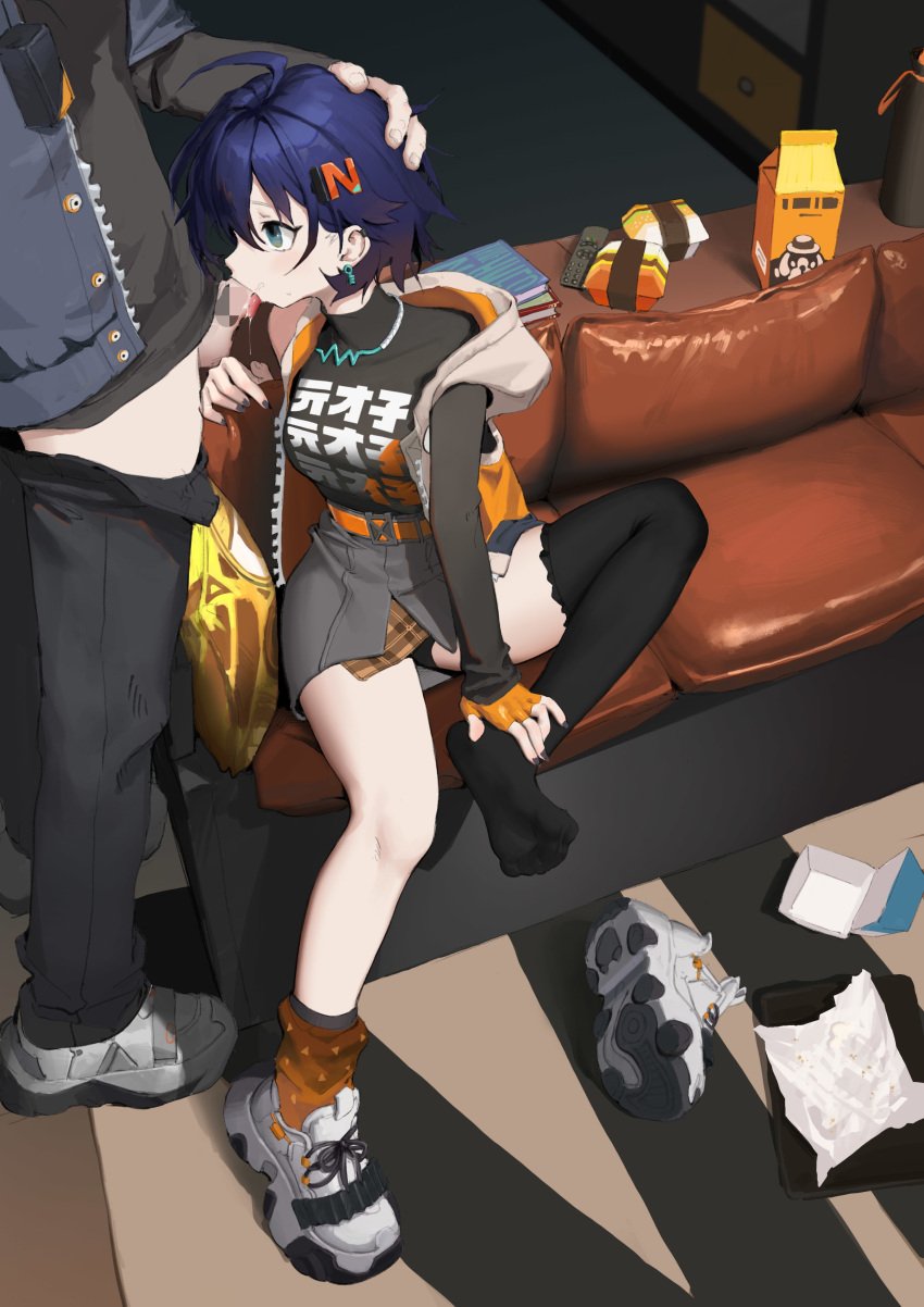 1boy 1girls absurdres asymmetrical_legwear belle_(zenless_zone_zero) blowjob blue_hair brother_and_sister censored clothed clothing cum cum_in_mouth dark_blue_hair ear_piercing feet fellatio female guangmi_(pixiv_2632623) hair_ornament hand_on_another's_head hand_on_hip highres incest jacket jewelry kentllaall mosaic_censoring necklace older_brother open_clothes open_jacket oral out_of_frame penis_out piercing short_hair siblings single_thighhigh sitting thighhighs wise_(zenless_zone_zero) younger_sister zenless_zone_zero