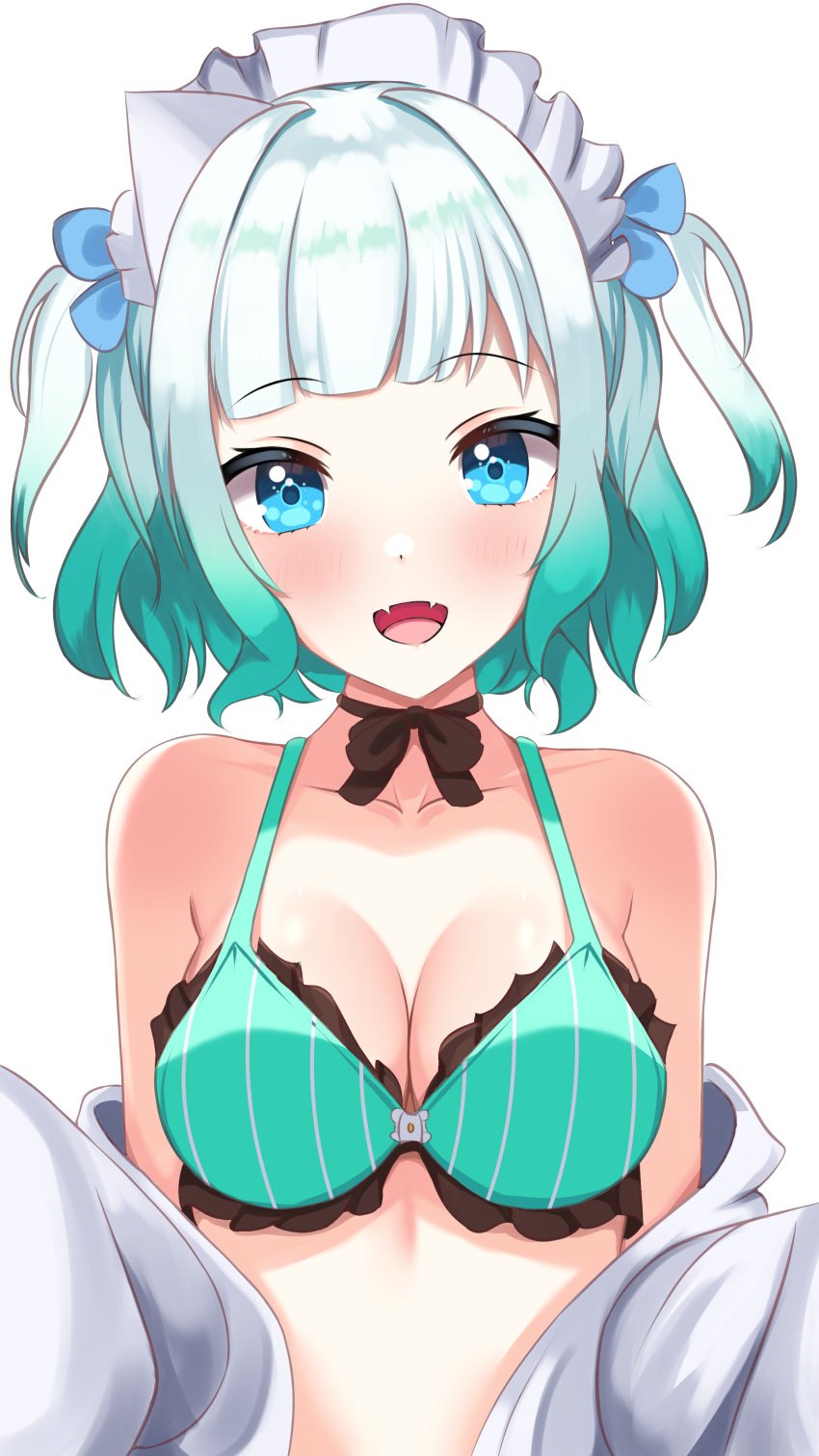 1girls bare_shoulders blue_eyes blush bowtie braid cleavage exposed_shoulders fangs ghost_girl gradient_hair green_bra hair_ribbons happy hi_res highres indie_virtual_youtuber light_blush looking_at_viewer maid_headdress medium_breasts mint_fantome panpan_(4kun) ribbons smiling_at_viewer solo solo_female solo_focus twintails two_tone_hair upper_body virtual_youtuber white_background