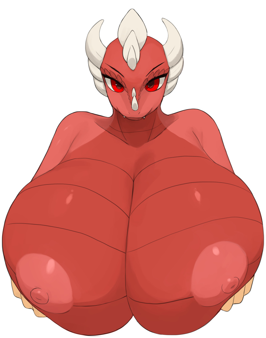 2024 absurd_res anthro big_breasts breasts digital_drawing_(artwork) digital_media_(artwork) dragon ember_(xjax1) fangs female hi_res holding_breast horn inake mythological_creature mythological_scalie mythology nipples red_body red_eyes red_scales scales scalie solo teeth