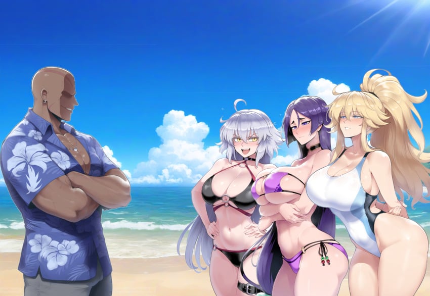 ai_generated beach bikini dark-skinned_male fate/grand_order fate_(series) jeanne_alter jeanne_d'arc_(fate) meepking minamoto_no_raikou_(fate/grand_order)