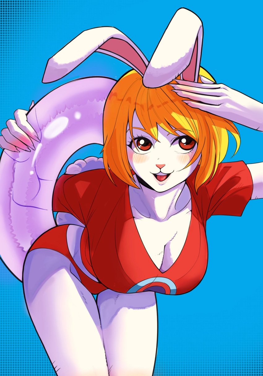 1girls bare_arms bare_legs bare_thighs big_breasts blonde_hair blush bunny_ears bunny_girl bunny_tail carrot_(one_piece) clothed clothing color coolb female female_focus female_only furry hi_res large_breasts looking_at_viewer one_piece open_mouth panties red_eyes red_shirt red_thong shirt short_hair shounen_jump solo solo_female tagme thick_thighs white_fur