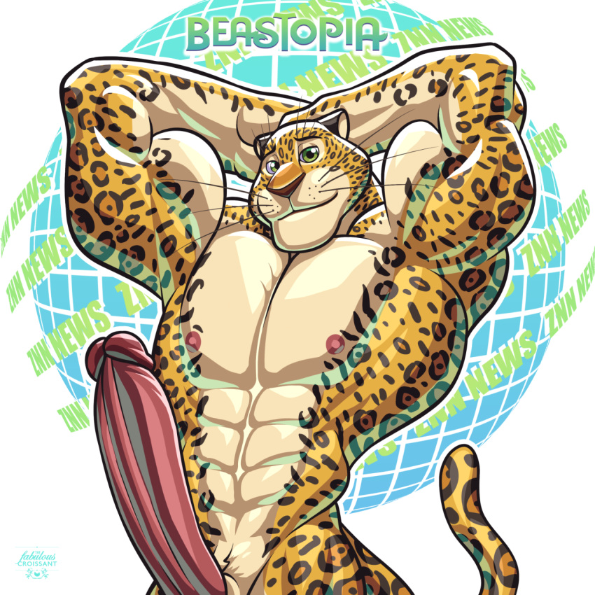 anchorman anthro boi_cha disney feline flexing fur green_eyes hi_res jaguar male male_only mammal muscular muscular_male newscaster nipples nude simple_background solo spots spotted_fur the_fabulous_croissant whiskers wolfiecanem zootopia