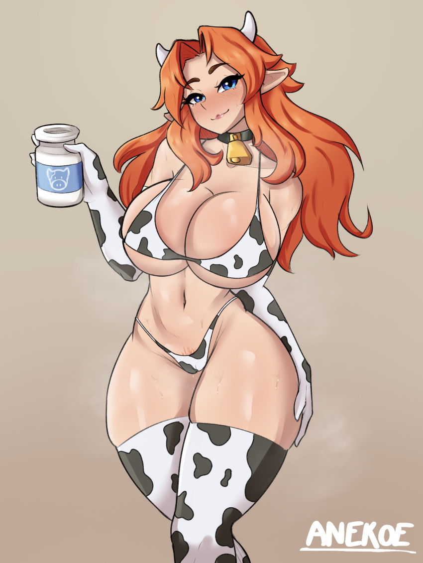 anekoe98 bikini blue_eyes breasts choker cleavage cow_bell_collar cow_horns cow_print cow_print_bikini cow_tail cowbell elbow_gloves elf_ears large_breasts lips lipstick malon ocarina_of_time pubic_hair_peek red_hair the_legend_of_zelda thighhighs