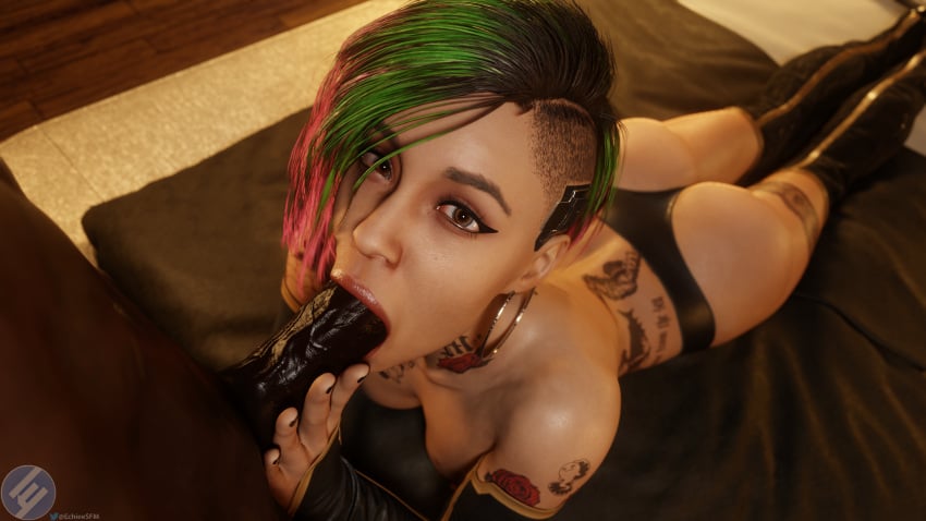 3d ass ass_focus blowjob blowjob_face cd_projekt_red cyberpunk_2077 dark-skinned_male echiee female female_focus hi_res interracial judy_alvarez makeup oral oral_sex penis penis_in_mouth punk punk_girl sex sucking sucking_penis